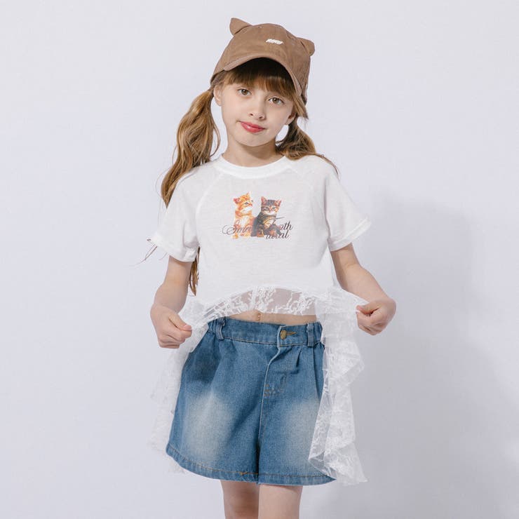 【2点セット】レースフリルドッキングキャットプリントTシャツ＋デニムショートパン… | URBAN CHERRY | 詳細画像9 