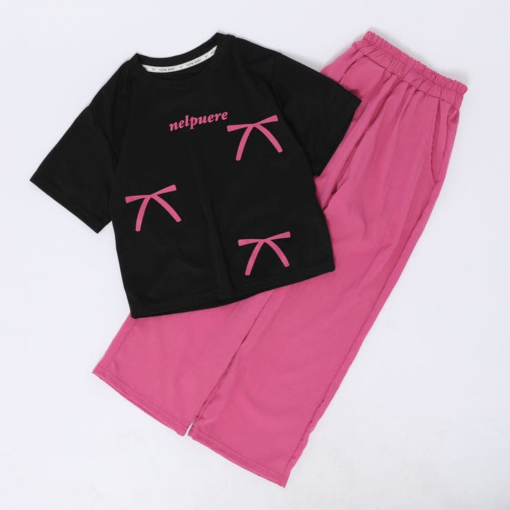 【2点セット】リボンプリントオーバーサイズTシャツ＋カラーストレートパンツ | URBAN CHERRY | 詳細画像4 