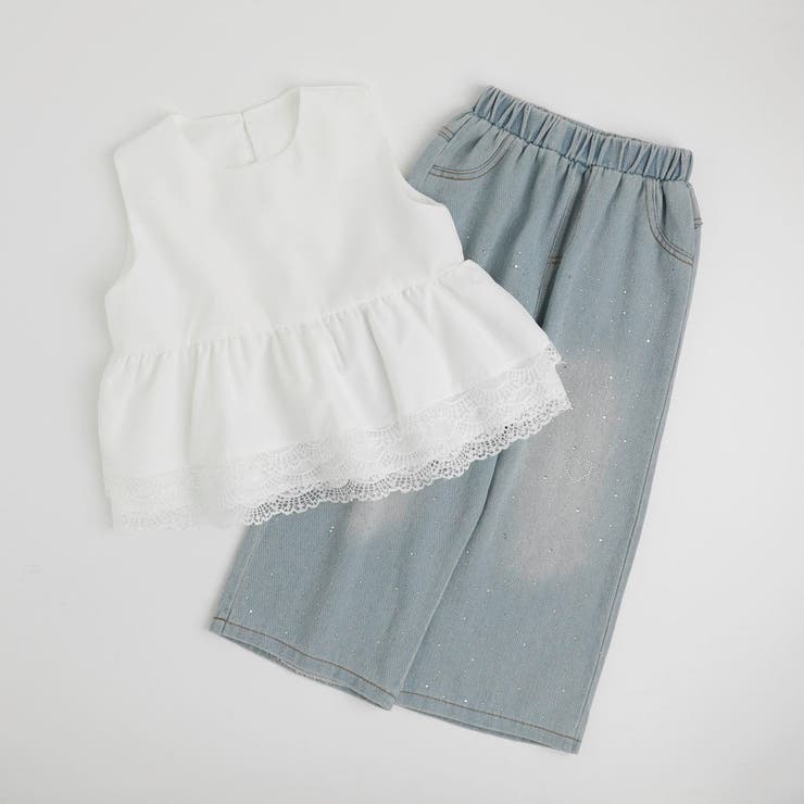 【2点セット】ノースリーブレースペプラムトップス＋デニムパンツ | URBAN CHERRY | 詳細画像2 