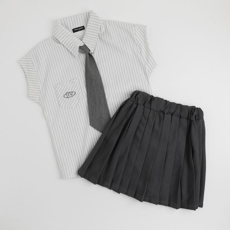 【3点セット】タイ付きストライプフレンチスリーブシャツ＋プリーツスカート | URBAN CHERRY | 詳細画像2 