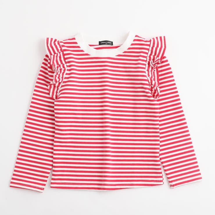 フリルショルダーデザインボーダートップス[品番：VINK0002326