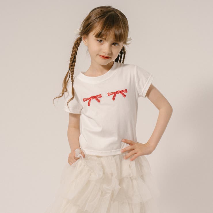 フロントダブルリボン刺繍Tシャツ[品番：VINK0002724]｜URBAN