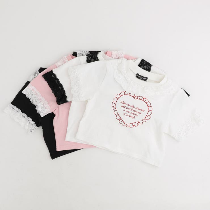【綿100％/吸水速乾】レースフリルフレンチハートプリントクロップドTシャツ | URBAN CHERRY | 詳細画像2 