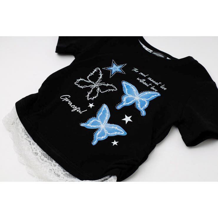 レースフリルバタフライロゴプリントギャザーTシャツ | URBAN CHERRY | 詳細画像18 