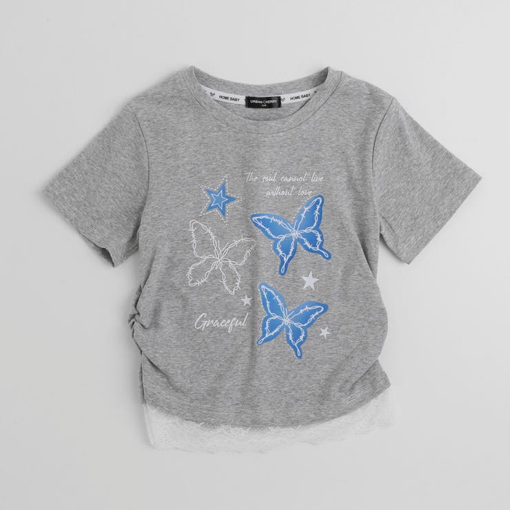 レースフリルバタフライロゴプリントギャザーTシャツ | URBAN CHERRY | 詳細画像2 