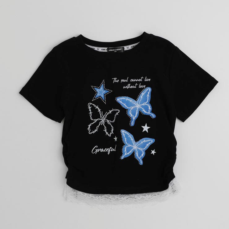 レースフリルバタフライロゴプリントギャザーTシャツ | URBAN CHERRY | 詳細画像5 