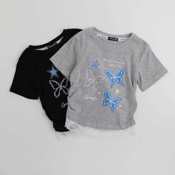 レースフリルバタフライロゴプリントギャザーTシャツ | URBAN CHERRY | 詳細画像6 