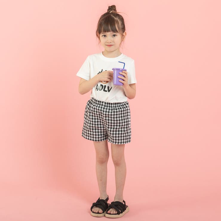 プリントデザインTシャツ＋ギンガムチェックショートパンツ[品番