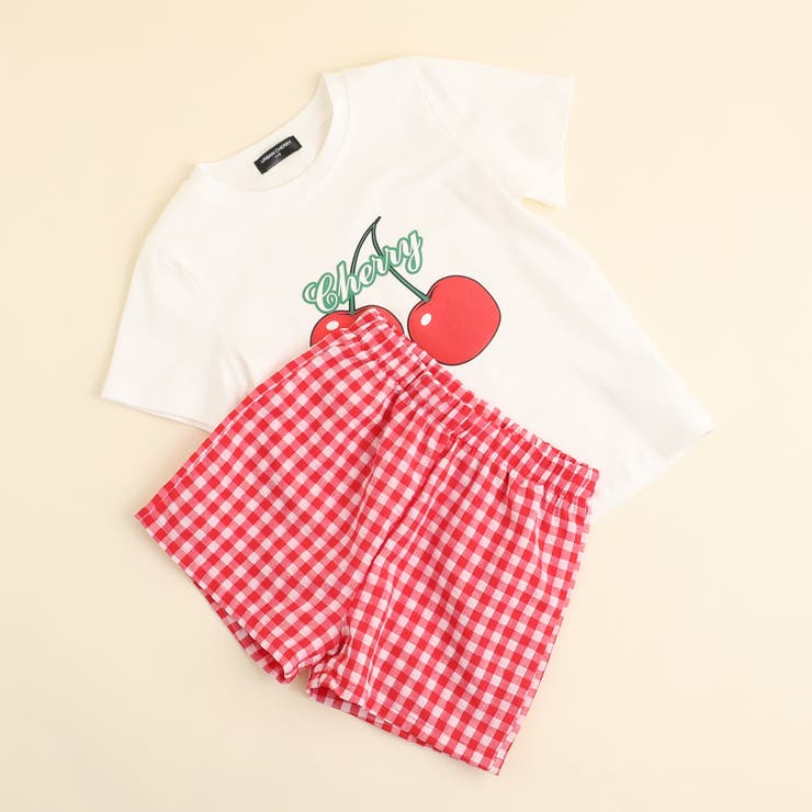 プリントデザインTシャツ＋ギンガムチェックショートパンツ[品番