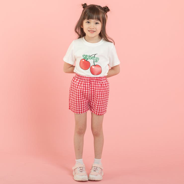 プリントデザインTシャツ＋ギンガムチェックショートパンツ[品番