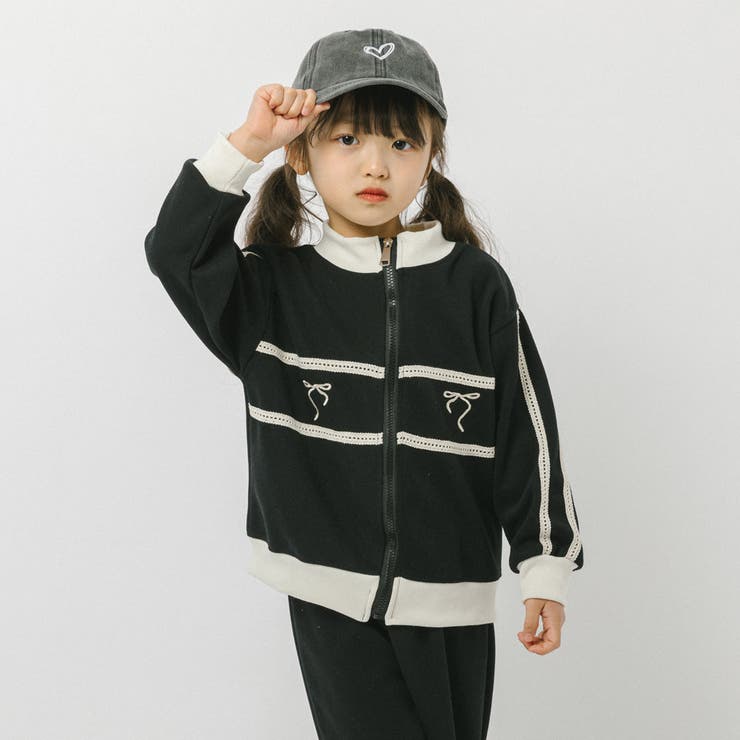 【2点セット】バイカラーフロントリボンデザインジップトップス＋ストレートパンツ | URBAN CHERRY | 詳細画像1 