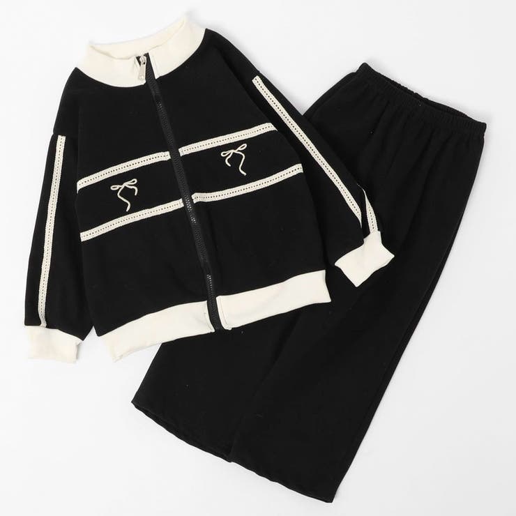 ブラック | 【2点セット】バイカラーフロントリボンデザインジップトップス＋ストレートパンツ | URBAN CHERRY