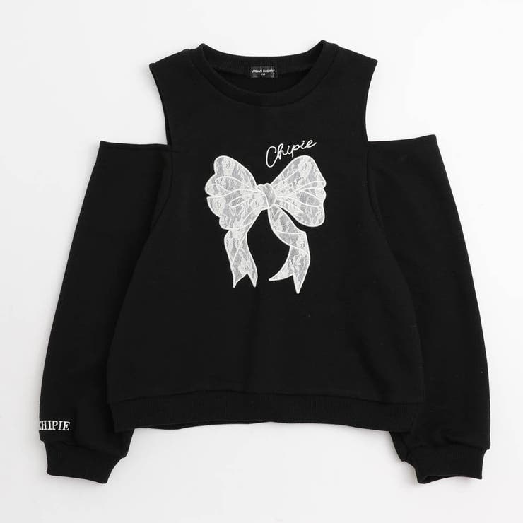 ブラック | 【CHIPIE/シピ】レースリボン刺繍カットショルダートレーナー | URBAN CHERRY