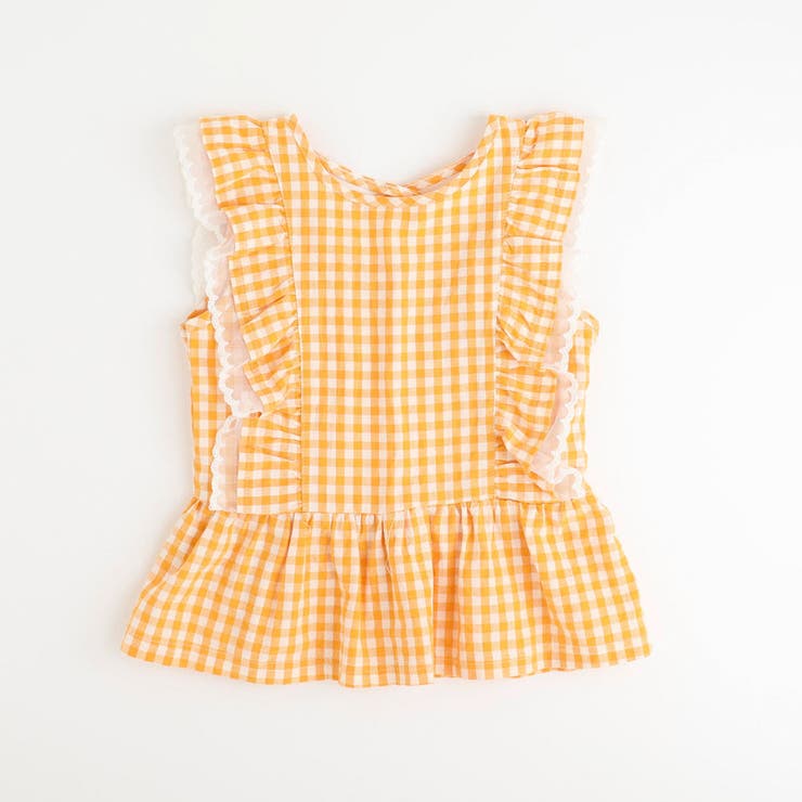 イエロー | ギンガムチェックレースフリルノースリーブペプラムブラウス | URBAN CHERRY