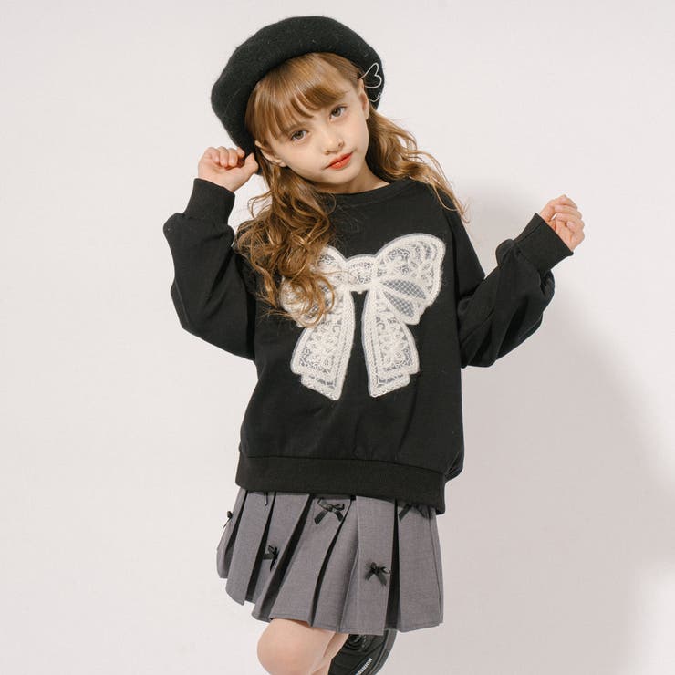 SHIPS KIDS:100～130cm / リボン スウェット｜ SHIPS 公式サイト ガールズ 洋服 秋 長袖 レース リボン プリント スウェットシャツ フレア パンツ 2個セット 小さな女の子の服 サイズ 6-14