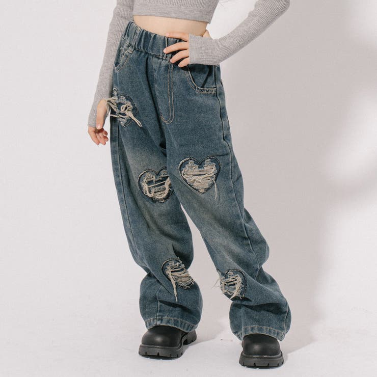 ハートダメージデザインストレートデニムパンツ[品番