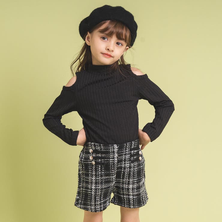 オープンショルダーリブトップス＋ボタンデザインツイードショート