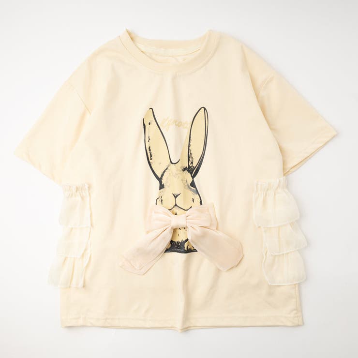 アイボリー | ラビットプリントオーガンジーリボンオーバーサイズTシャツ | URBAN CHERRY