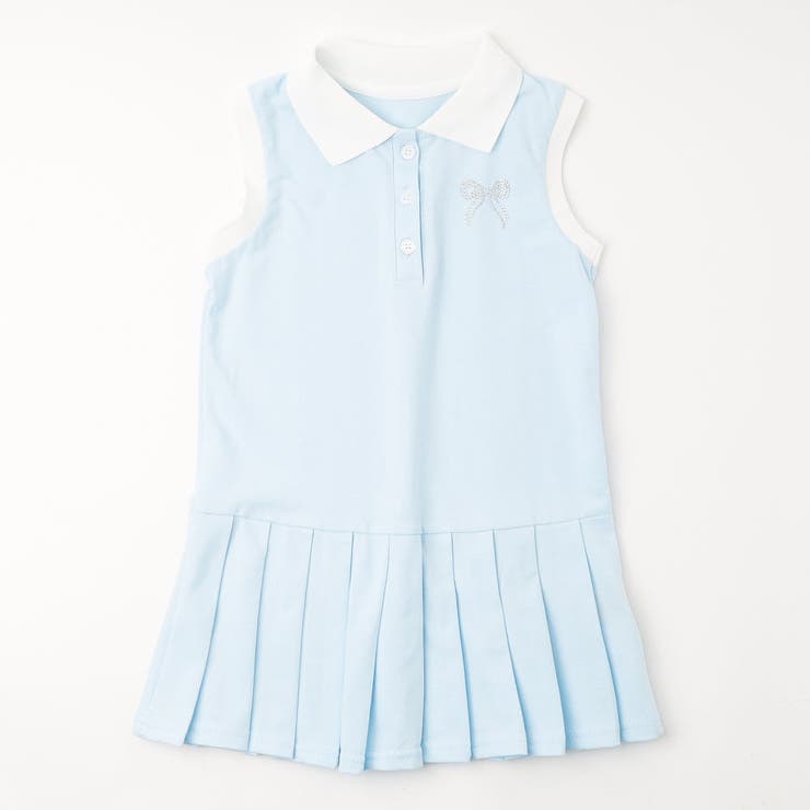 ブルー | 配色ワンポイントリボンプリーツワンピース | URBAN CHERRY