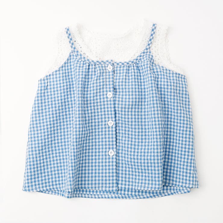 ブルー | ギンガムチェックフロントリボンノースリーブトップス | URBAN CHERRY