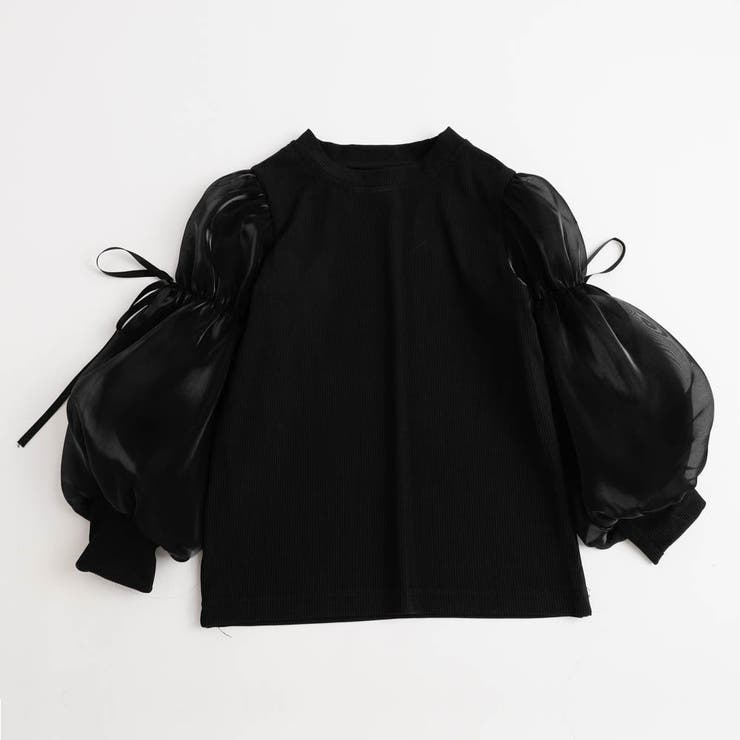ブラック | シアーパフスリーブリボンリブトップス | URBAN CHERRY