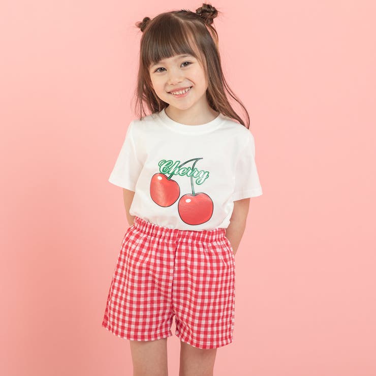 プリントデザインTシャツ＋ギンガムチェックショートパンツ[品番