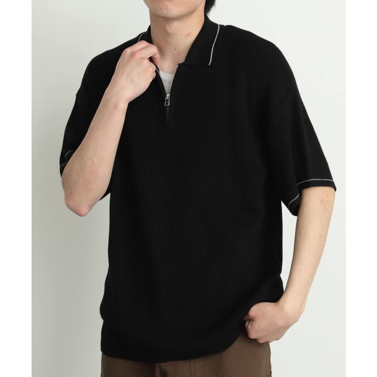 ユニセックス』『洗濯可』ハーフZIPラインニットポロシャツ(5分袖 
