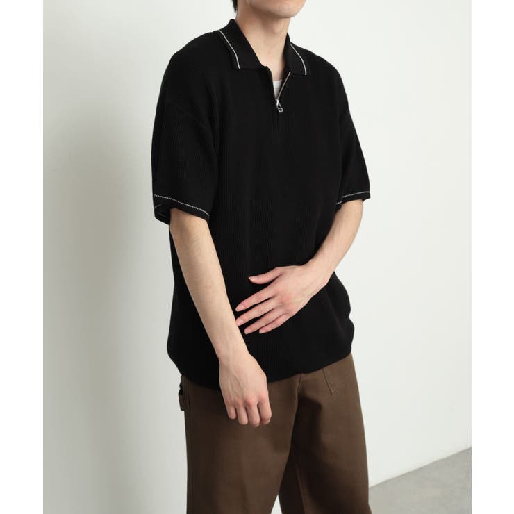 ユニセックス』『洗濯可』ハーフZIPラインニットポロシャツ(5分袖 