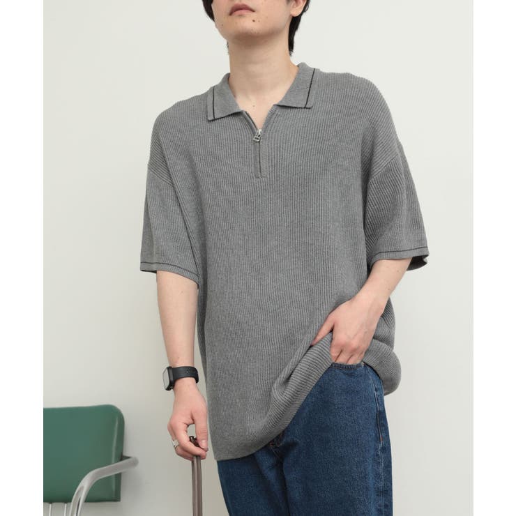 ユニセックス』『洗濯可』ハーフZIPラインニットポロシャツ(5分袖