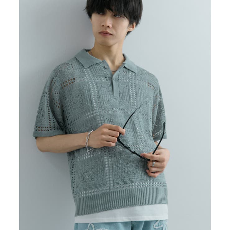 クロシェライクニットポロシャツ(5分袖)[品番：UBRW0011919
