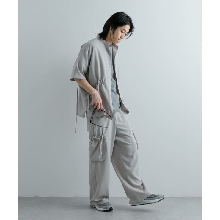 PEOPLESTYLE◆古い まつじつ 風 ルーズ フーディ男女兼用 2色 セットアップ対応』 リネンライクドローコードシャツ(5分袖