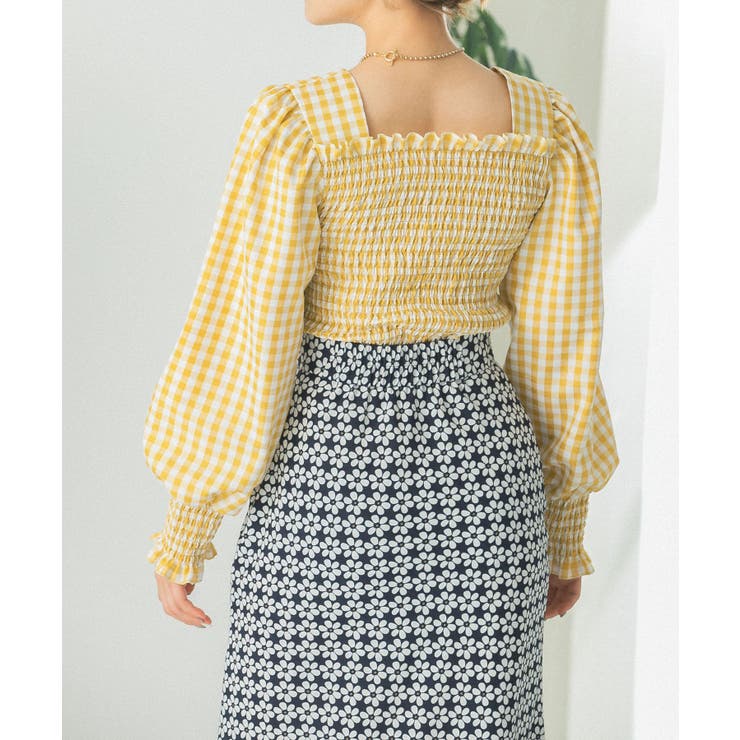 美品 liten シャーリングブラウス ギンガムチェック トップス