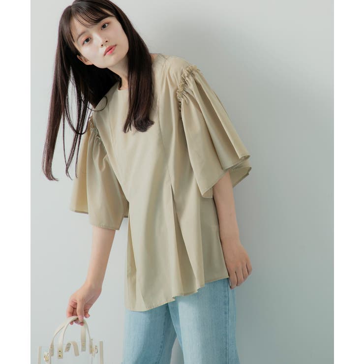 BEIGE】HEYUMM フレアスリーブペプラムブラウス[品番：UBRW0010636