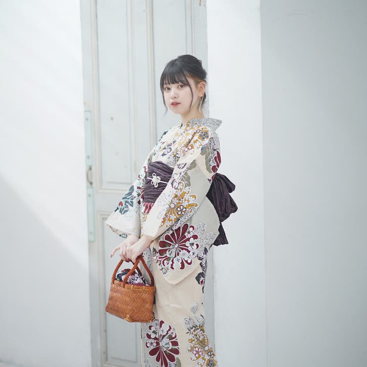 utatane 変わり織り浴衣3点セット ピンクベージュとグレーの染め分け菊