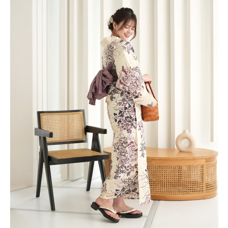 utatane 変わり織り浴衣3点セット ベージュに薄紫の小さな萩と菊[品番