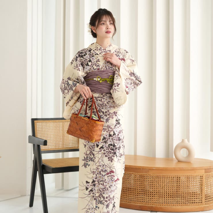utatane高級変わり織り浴衣3点セットベージュに薄紫の小さな萩と菊-