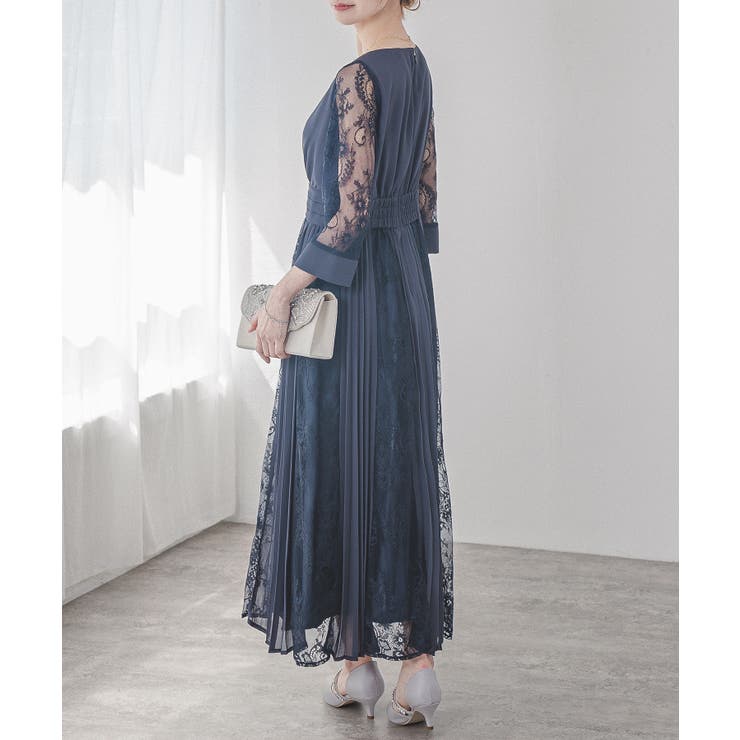 プリーツ×レース ウエストタック ロングワンピース[品番