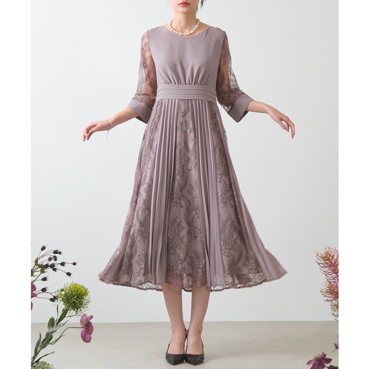 プリーツ×レース ウエストタックロングワンピースドレス