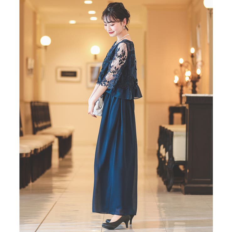 kana 刺繍レース　セットアップドレス　グレイッシュベージュ 刺繍レース切り替え セットアップ パンツドレス[品番