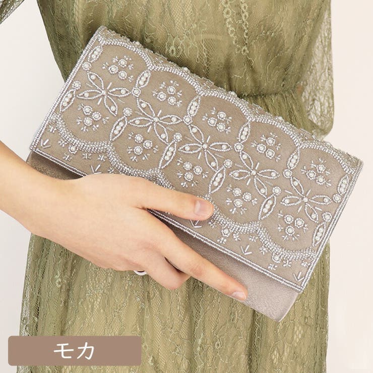 パールｘビーズ刺繍の サテン パーティーバッグ