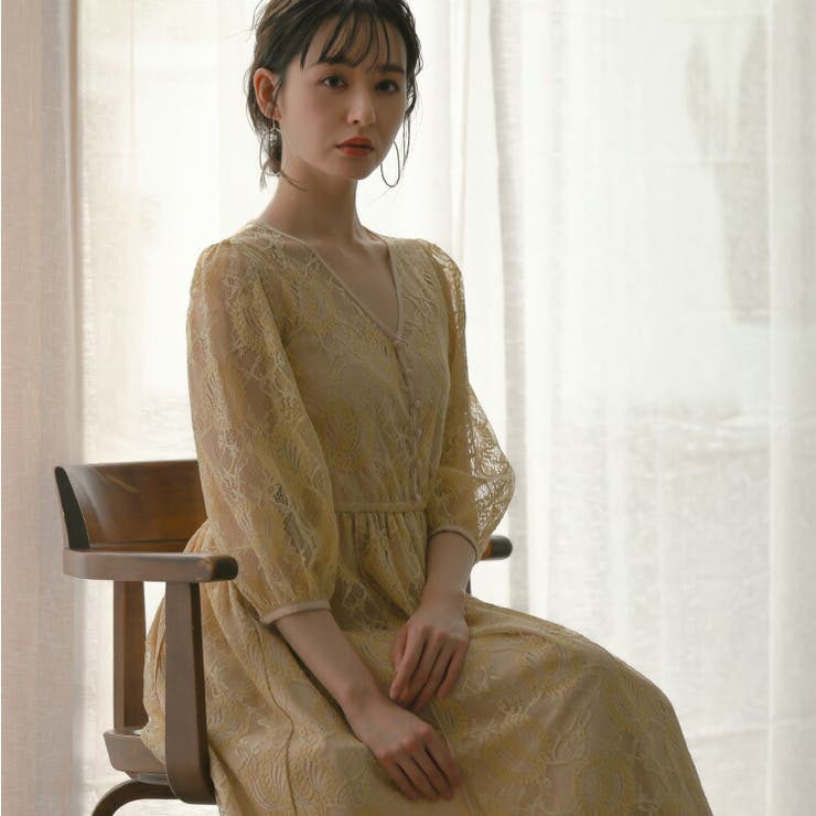 総レース Vネック ワンピースドレス[品番：BECW0010027]｜kana