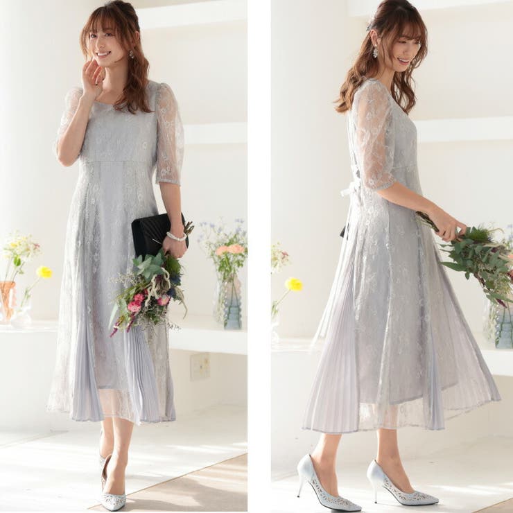 美品kanaチュールレースバックリボン結婚式お呼ばれパーティーワンピースドレス チュールレース バックリボン ワンピースドレス[品番