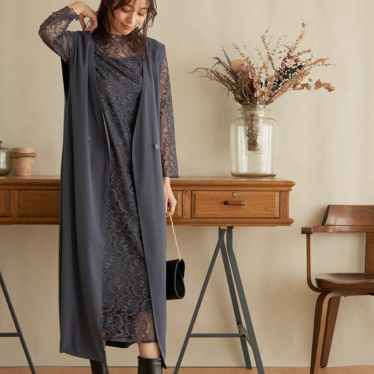 ロングジレ付き レース ロングワンピースドレス[品番