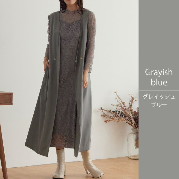 ロングジレ付き レース ロングワンピースドレス[品番