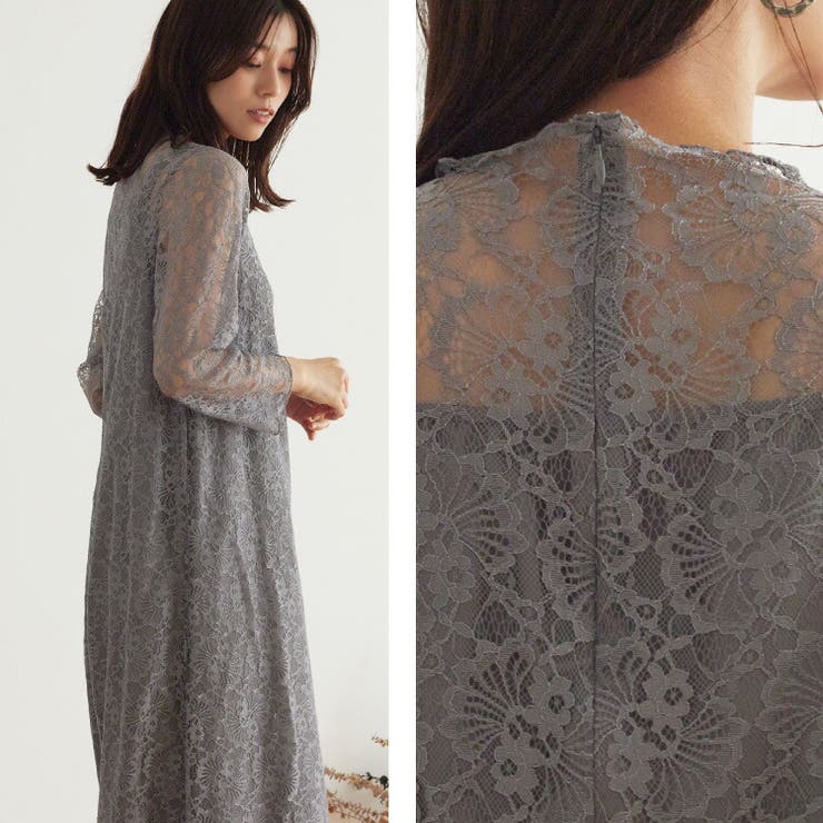 ロングジレ付き レース ロングワンピースドレス[品番