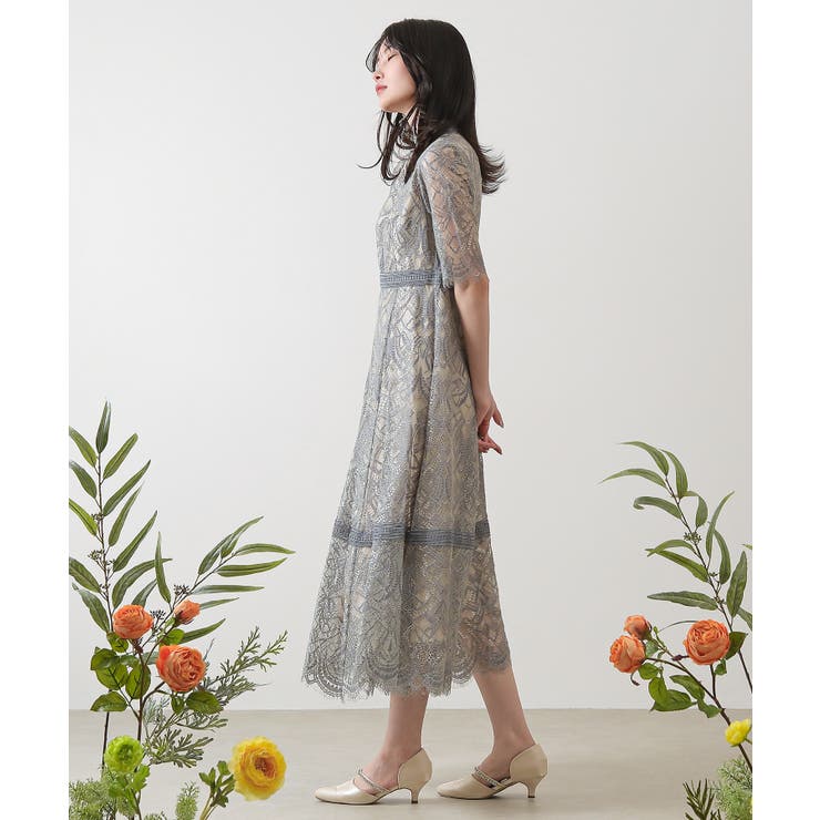 TOCCA キッズ　花柄レースワンピース　ブルー　グレー　ラメ糸　120 ケミカル花レース ワンピース(120cm サックス): キッズ