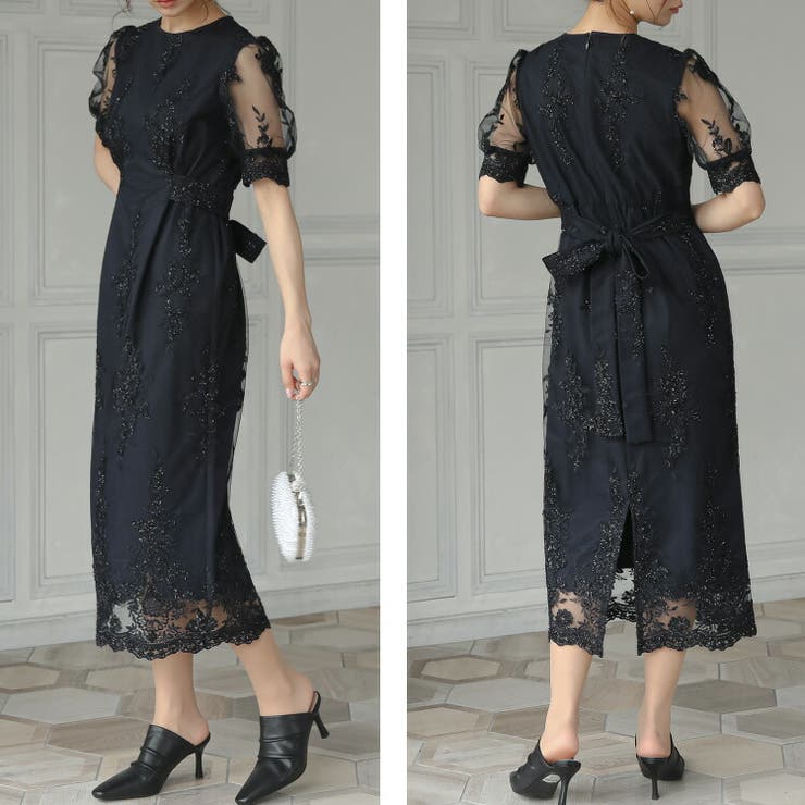 kana カナ バックリボンギャザースリーブワンピース M 結婚式 二次会 刺繍レース セミタイト バックリボン[品番：BECW0002005]｜kana