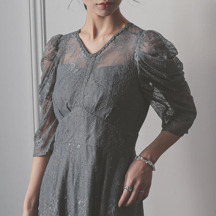 美品niana ニアナ kana ドレス モカ レース パフスリーブ ニアナ niana 【低身長用サイズあり】オーガンジーパフスリーブ