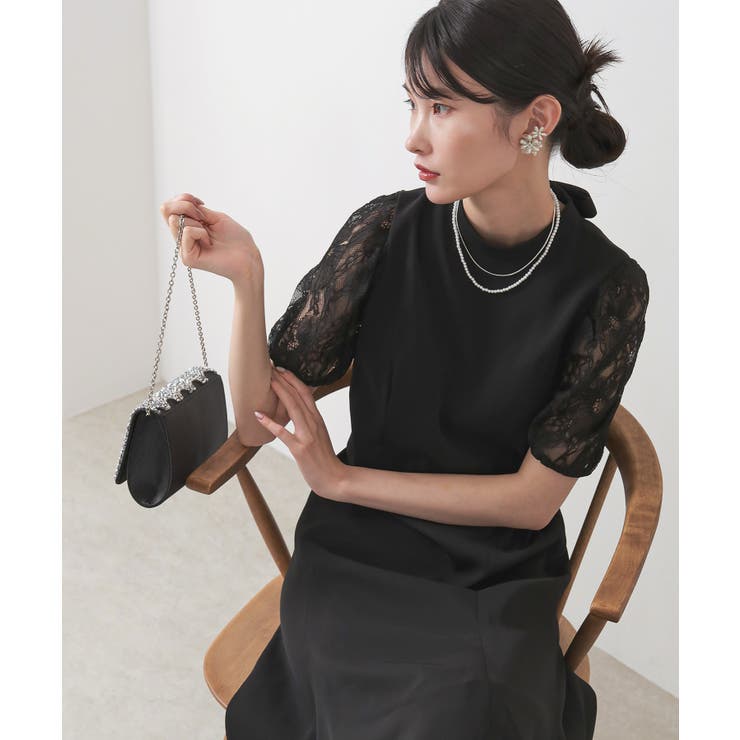 ASAKURA ベージュと黒のレースドレス 38
