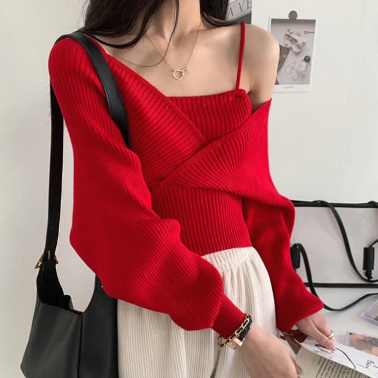 RED | レイヤードニット オフショルダー プルオーバーニット | VICTORIA